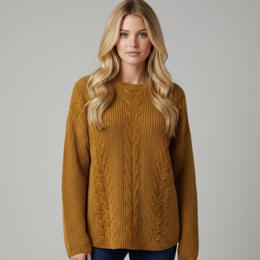 Palette Chunky Chenille Mustard Yellow Cable Knit Sweater XL